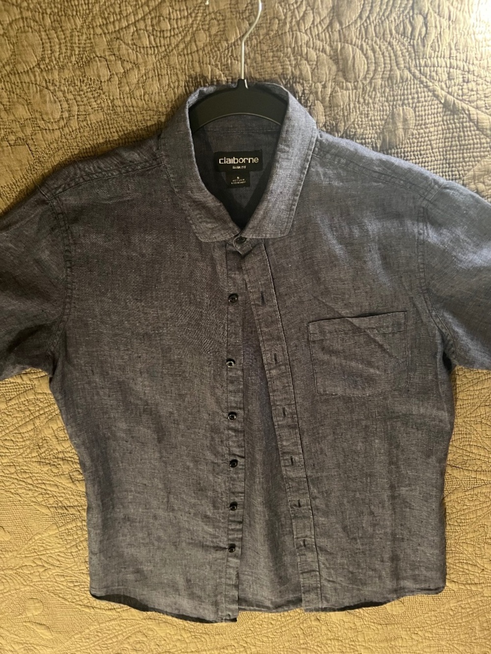 100% Linen Claiborne Denim Colored Men’s Short Sleeve Shirt Small Slim Fit